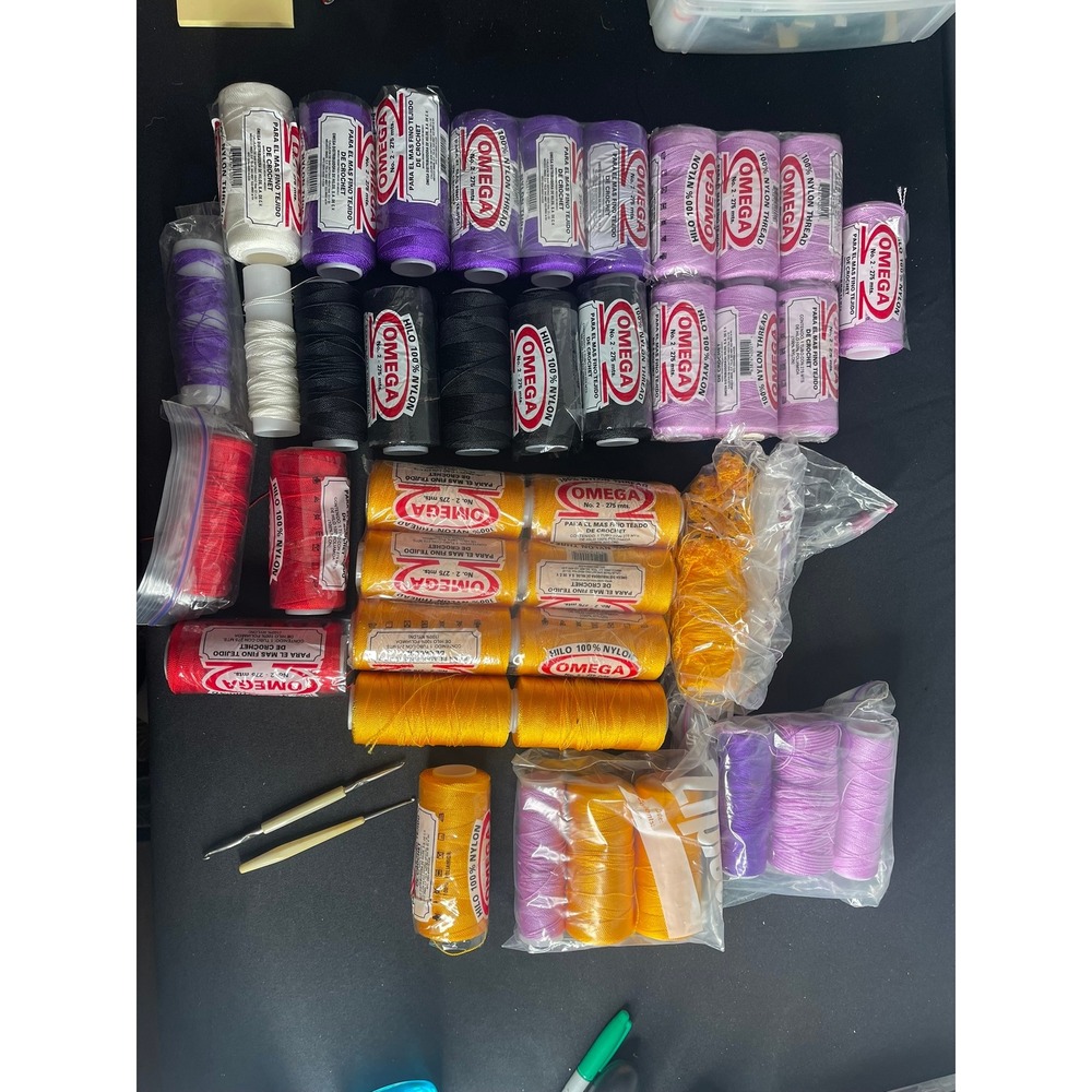 Omega No 2 Nylon Crochet Thread Lot Assorted Colors 275m Spools with Hooks